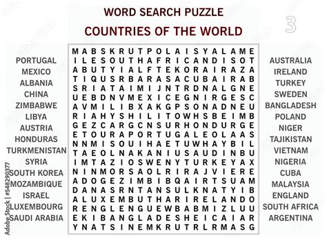 Word search puzzle vector (Word find game) illustration. Countries of