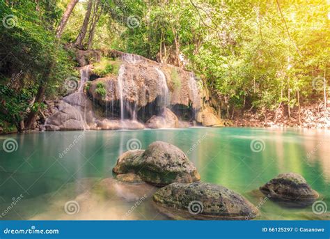 Waterfall In Deep Forest At Erawan Waterfall National Park Stock Image