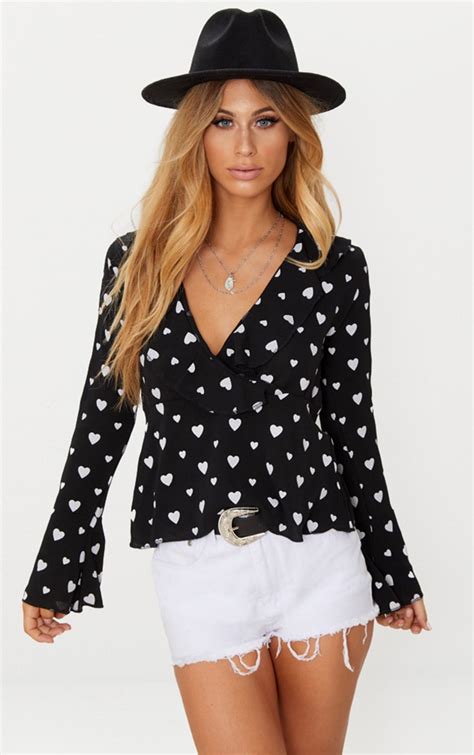 black love heart frill detail blouse tops prettylittlething usa