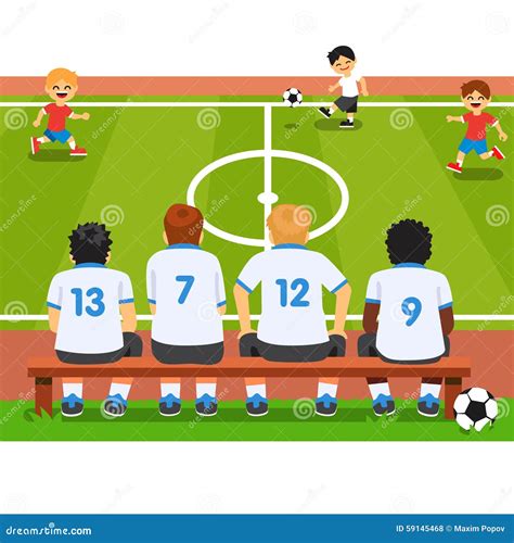 Equipo De Fútbol De Los Niños Que Se Sienta En Un Banco Ilustración Del