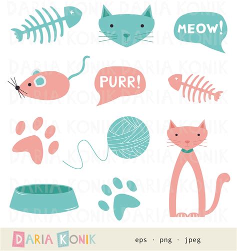 Cat Clip Art Set Cats Toy Mouse Ball Of Yarn Fishbones Etsy