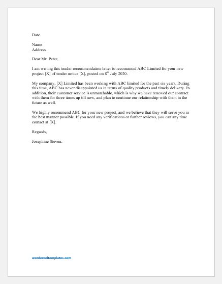 Tender Recommendation Letter Template For Word Word And Excel Templates