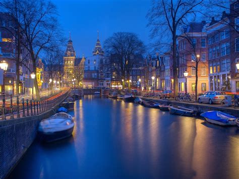 Wallpaper Amsterdam Netherland River Boat Trees Night Lights