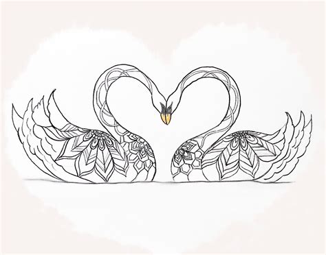 Two Swans Making A Heart Shape With Their Necks Drawn In Black And