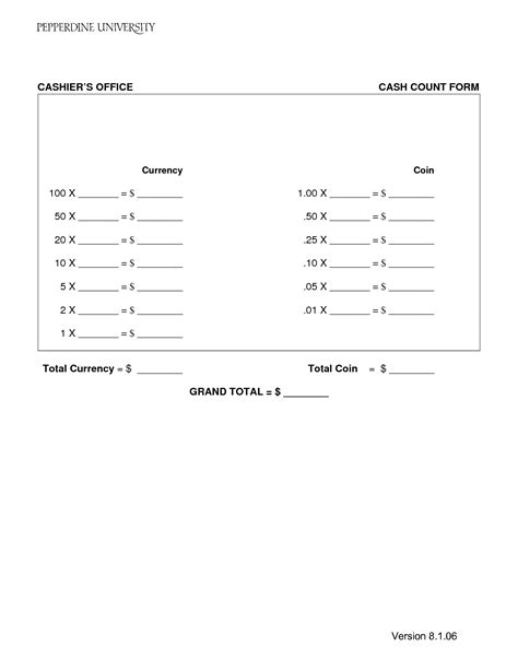 Printable Cash Drawer Count Sheet Balance Cashier Register Free