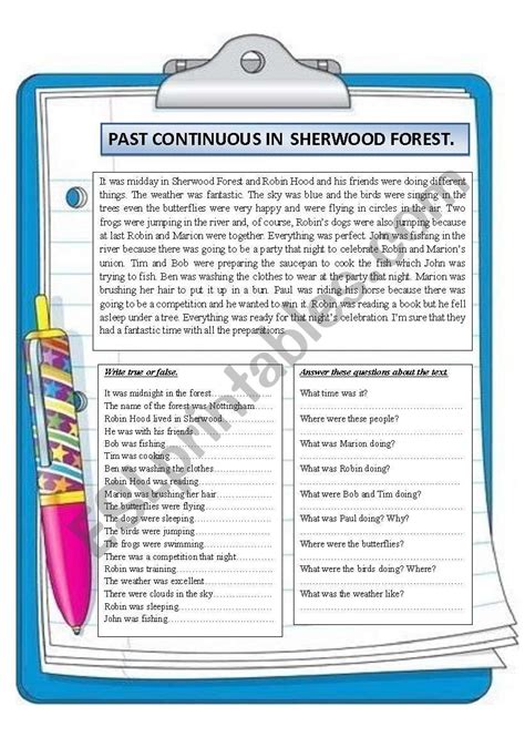 Past Continuous In Sherwood Forest Reading Comprehension Esl