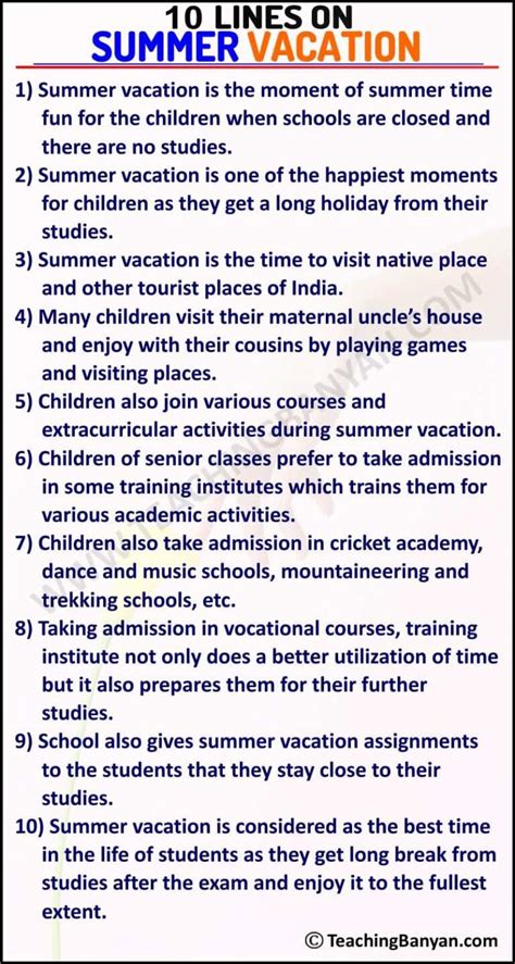 10 Lines On Summer Vacation For Children And Students Of Class 1 2 3