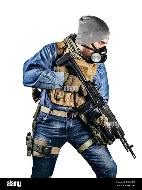 Isolated Photo Of Urban Soldier In Tactical Military Outfit And Gas