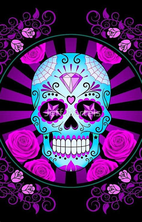 Blue And Purple Sugar Skull With Roses By Jeff Bartels Skull