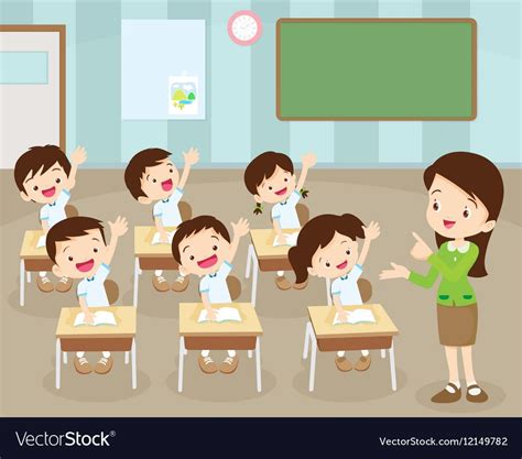 Students Hand Up In Classroom Royalty Free Vector Image Teacher
