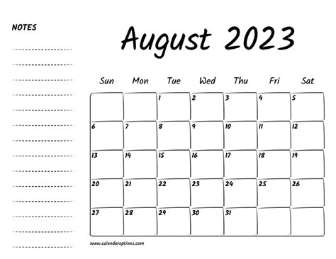 August 2023 Printable Calendar Calendar Options