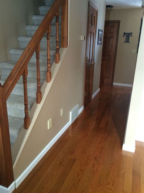 How to paint baseboard trim on carpet. Oak doors, white baseboards, and Behr Toasted Wheat paint ...