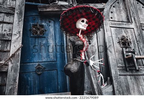 Skeleton Statue Sombrero Wooden Doors Background Stock Photo 2221679089