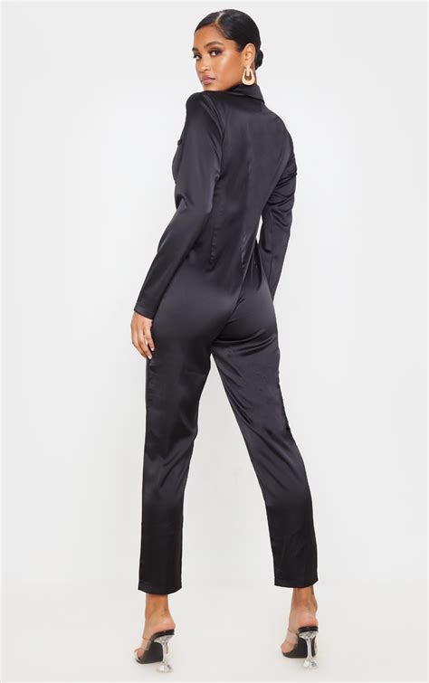 Black Long Sleeve Tailored Satin Jumpsuit Prettylittlething