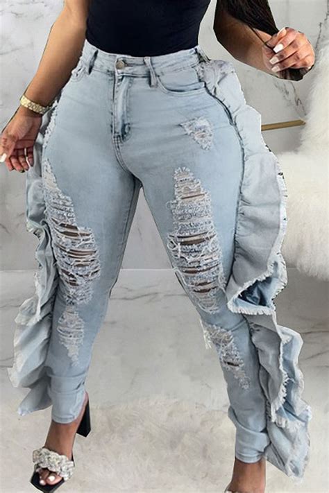 Baby Blue Fashion Casual Solid Ripped High Waist Denim Jeansbottoms