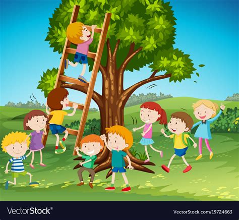 Many Kids Climbing Up Ladder In Park Royalty Free Vector