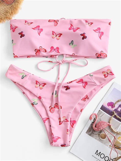 Zaful Butterfly Print Lace Up Bandeau Bikini Swimwear In Light Pink