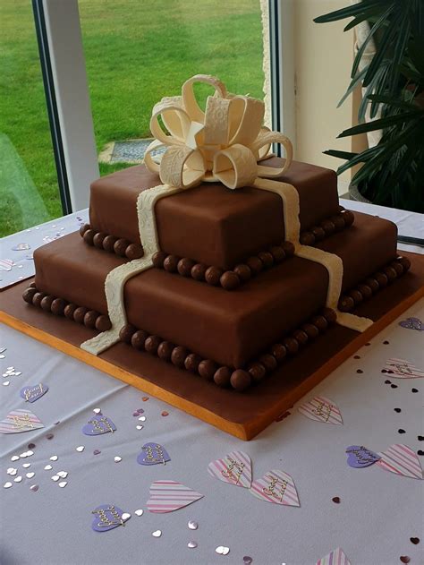 Two Tier Chocolate Wedding Cake Square Cake With Embossed Patterned