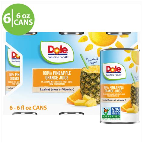 Dole All Natural 100 Pineapple Orange Juice 6 Fl Oz 6 Count Cans