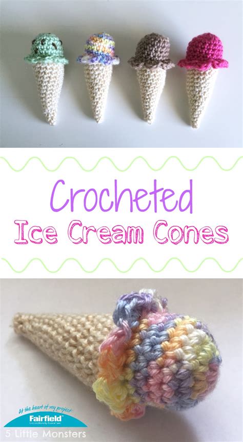 Free tutorial with pictures on how to make an ice cream plushie in under 60 minutes by sewing, yarncrafting, crocheting, and amigurumi with yarn. 5 Little Monsters: Crocheted Ice Cream Cones