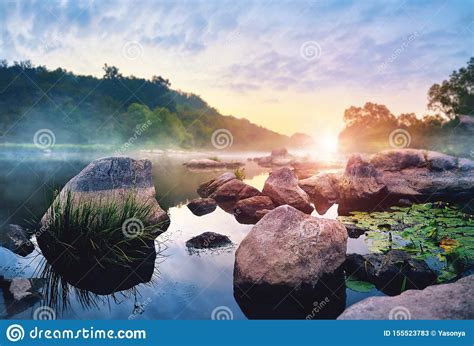 Landscape With Sunrise And Mist Over River Stock Image Image Of
