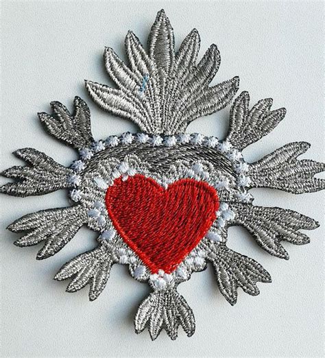 Milagro Sacred Heart Silver Extra Quality Embroidered Patch Applique