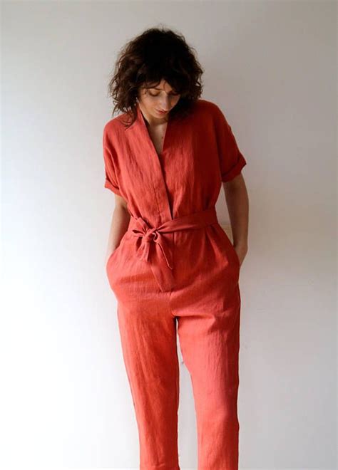 Linen Jumpsuit In Burnt Orange Short Sleeve Romper Linen Overall
