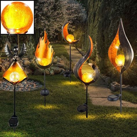 Solar Powered Metal Led Garden Light Outdoor Flame Effect Feature Lawn