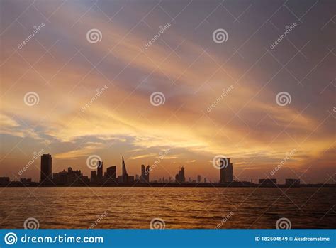 Bahrain Skyline With Beautiful Dense Golden Sky At Sunset Hdr Stock