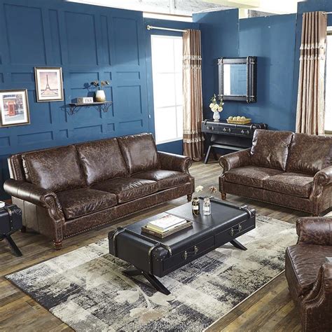 Custom Living Room Design Vintage Genuine Leather Sofa Set Furniture