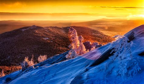 Wallpaper Winter Snow Landscape Mountains Sunset Clouds Trees