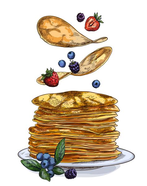 Pancakes And Berries Falling On The Stack Of Pancakes Hand Drawn