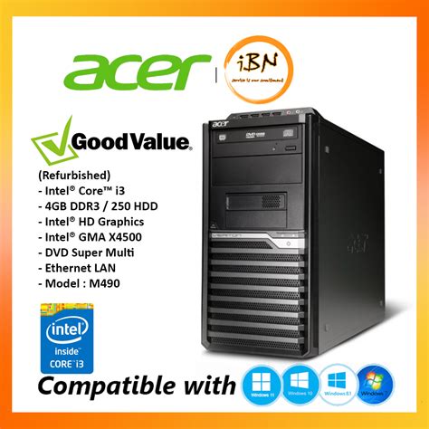 Acer Veriton M490 Tower Pc Intel Core I3 250gb 4gb Ram Dvd Rom