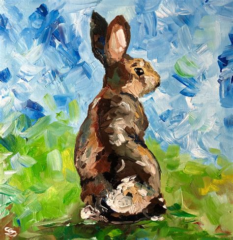 A Painting Of A Rabbit Sitting On The Ground In Front Of Blue Sky And