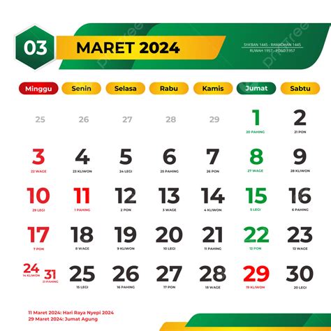 Vektor Kalender Maret 2024 Dengan Hari Libur Nasional Jawa Dan Hijriyah