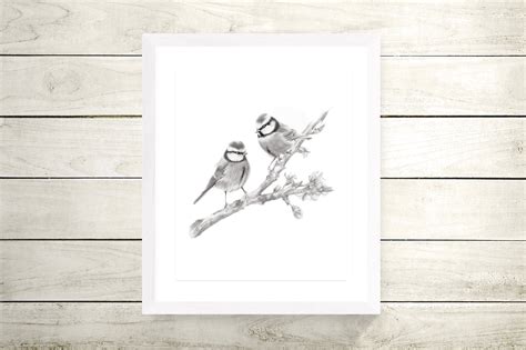 Two Birds on a Branch Pencil Drawing Print – Studio Q - Art by Nicky