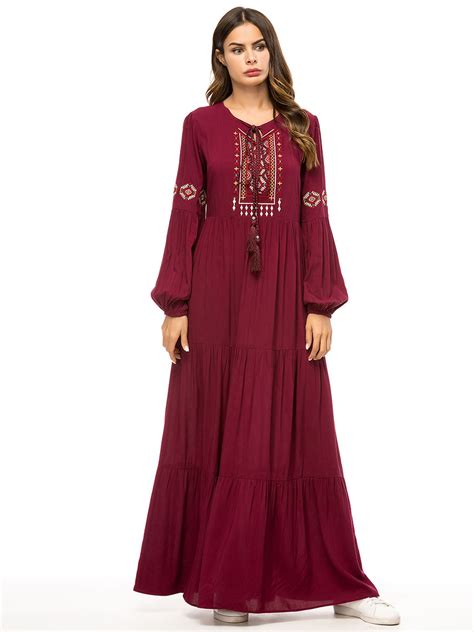 Women Muslim Embroidery Long Maxi Dress Robe Islamic Kaftan Dubai