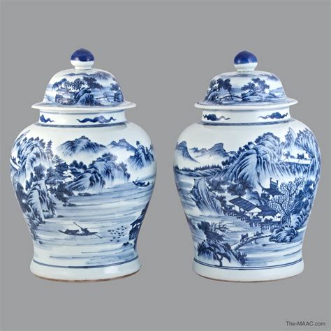 Pair Of Chinese Blue And White Porcelain Jars With Lids Manhattan Art