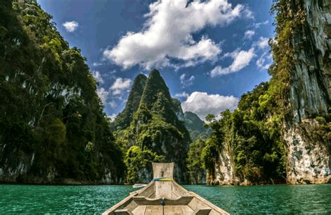 Longtail Boat On Cheow Lan Lake Khao Sok National Park Thailand