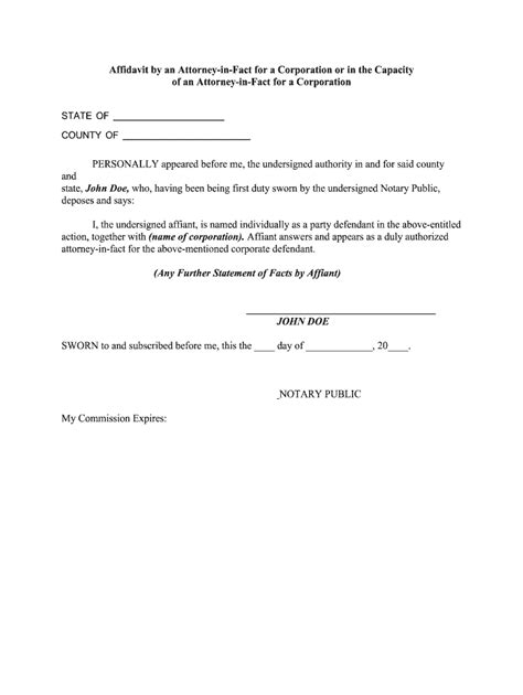 Affidavit By An Attorney In Fact For A Corporation Sample Form Fill