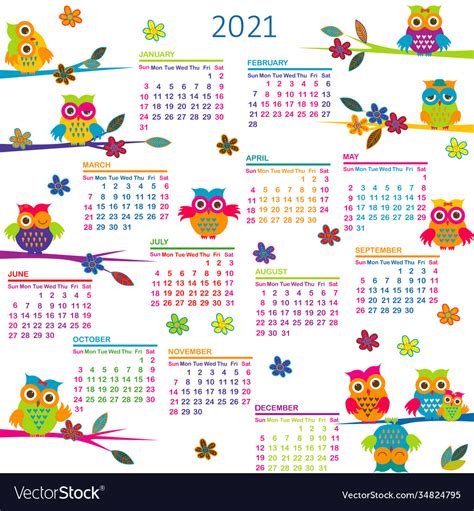2021 Calendar With Cartoon Owls Royalty Free Vector Image