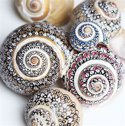 Mandala Zentangle On Arge Spiral Shells Seashell Art Seashell
