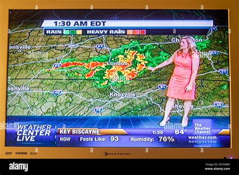 Woman Female Live On Air Meteorologist Heavy Rain Map Hi Res Stock