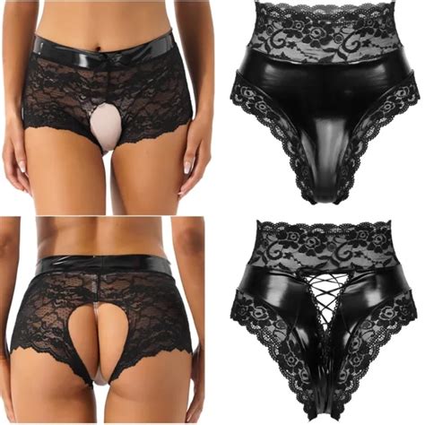 Women See Through Lace Open Crotch Panties Faux Leather Briefs Lingerie Knickers £863 Picclick Uk
