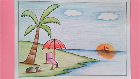 Senja Lukisan Pensil Pemandangan Tepi Pantai 12 Contoh Lukisan