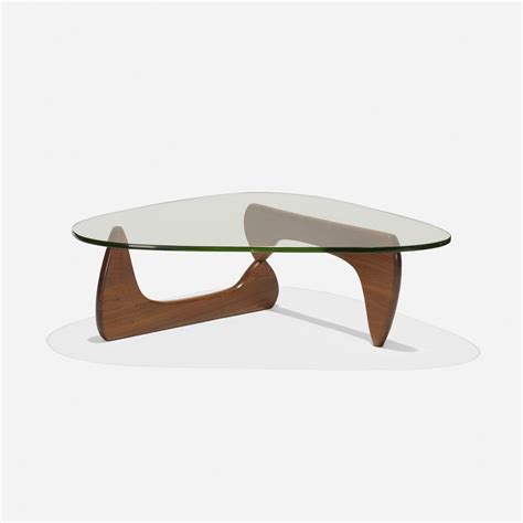 Noguchi table triangle glass coffee table vintage glass end table, solid wood base and triangle clear glass top modern end table for living room, patio, study. 125: ISAMU NOGUCHI, early coffee table, model IN-50