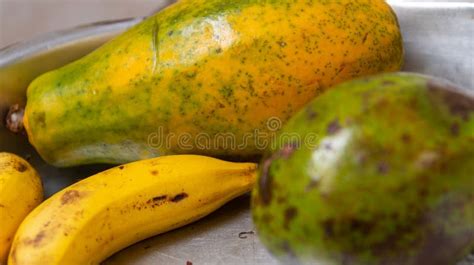 Brazilian Fruits With Papaya Avocado And Two Bananas Stock Photo