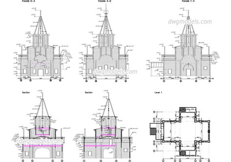 Front view of stone church. Wooden church DWG, free CAD Blocks download