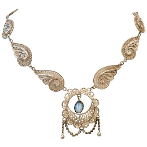 Antique Art Nouveau Sterling Silver And Moonstone Pendant Necklace For