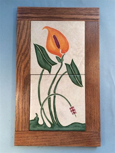 Art Nouveau Hand Painted Lily Art Tile With Hand Made Oak